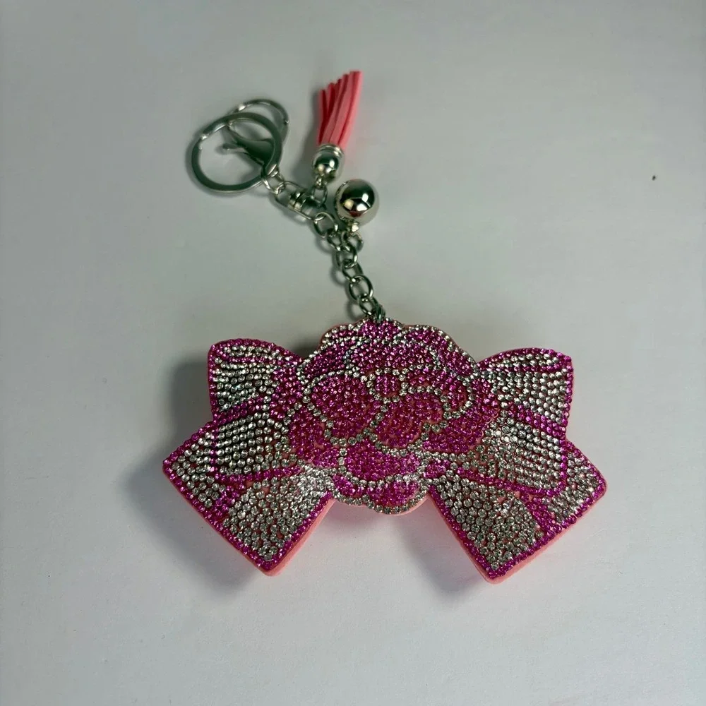 Sparkly Keychain Pink Rhinestone Bow Tassel Bell Bag Charm Coquette‎ Y2K Purse